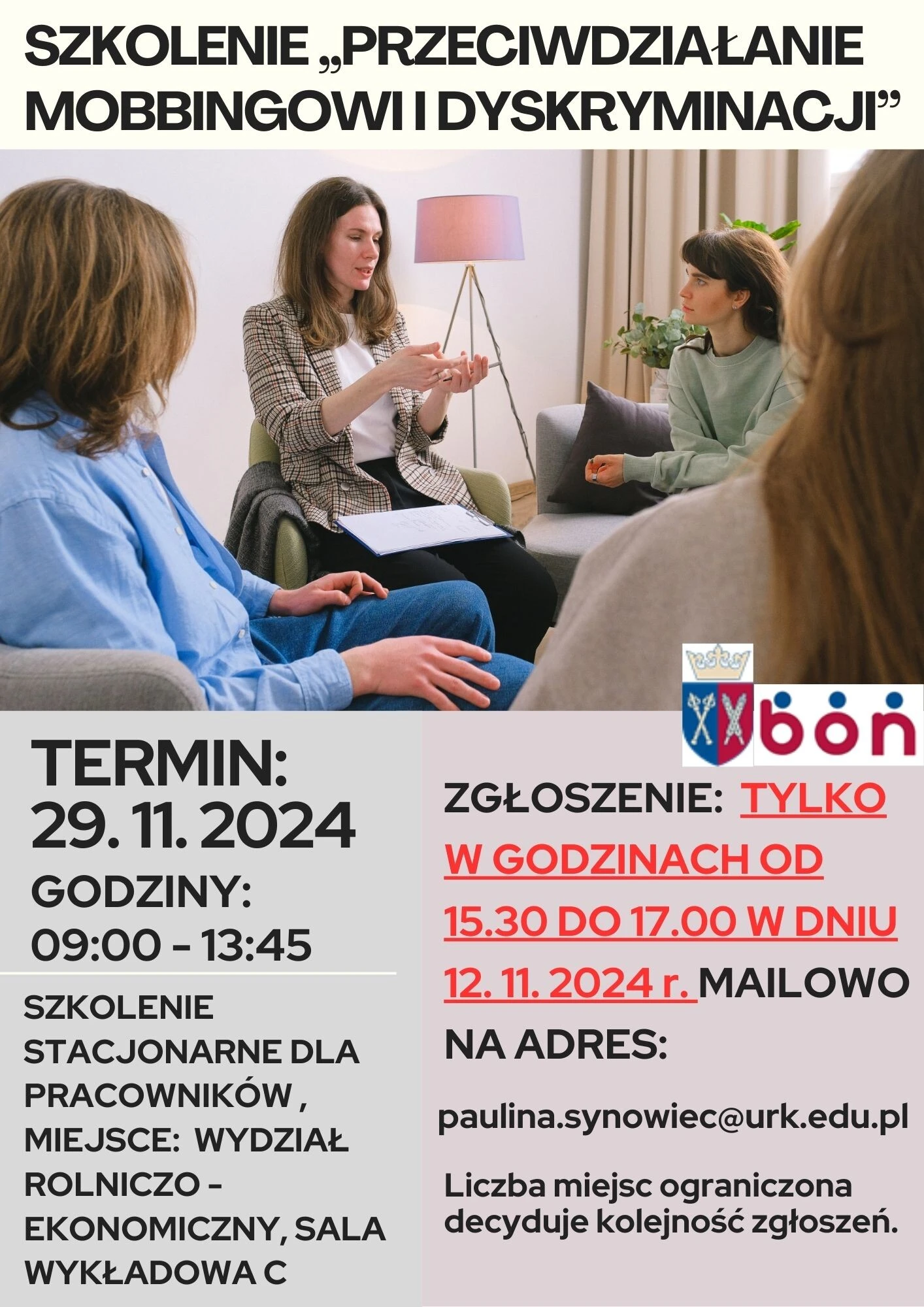 Plakat informacyjny o szkoleniu "Przeciwdziałanie mobbingowi i dyskryminacji"